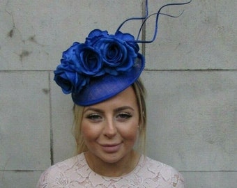 Royal Blue Rose Flower Feather Disc Saucer Hat Fascinator Races Wedding u1z72