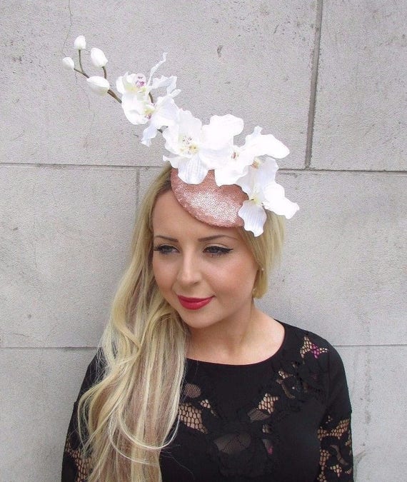 Rose Gold Cream White Sequin Orchid Flower Fascinator Hat Hair Clip Races 3313