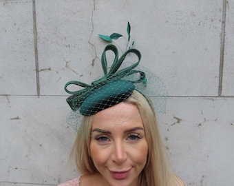 Bottle Green Birdcage Veil Velvet Fascinator Pillbox Hat Headband Wedding Races