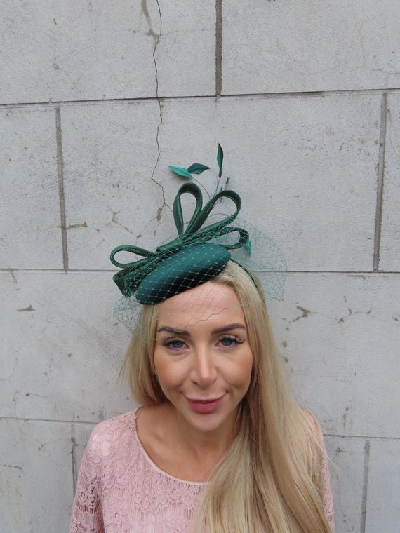 Buy Bottle Green Birdcage Veil Velvet Fascinator Pillbox Hat  display picture 1