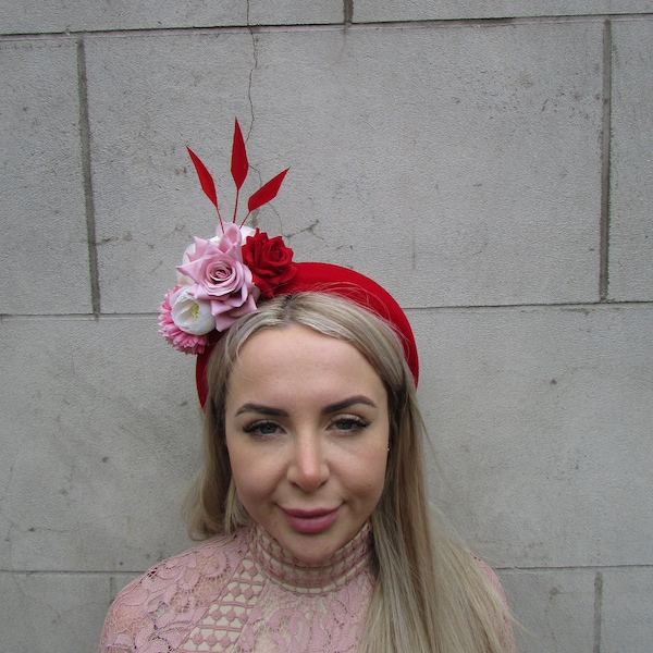 Red Blush Pink Ivory Cream Fascinator Flower Padded Velvet Headband Headpiece Wedding Guest Races Halo Hairband Floral Halo u10904