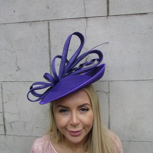 Large Purple Disc Feather Fascinator Hat Races Hatinator Wedding Guest Hairband Headband Cadbury Purple Ladies Day Headpiece u10402