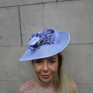 Large Light Cornflower Blue Lilac Periwinkle Bluebell Rose Floral Flower Fascinator Hat Big Teardrop Wedding Races sh-208 image 1