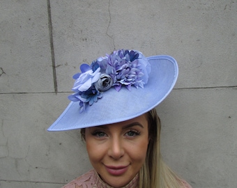 Large Light Cornflower Blue Lilac Periwinkle Bluebell Rose Floral Flower Fascinator Hat Big Teardrop Wedding Races sh-208