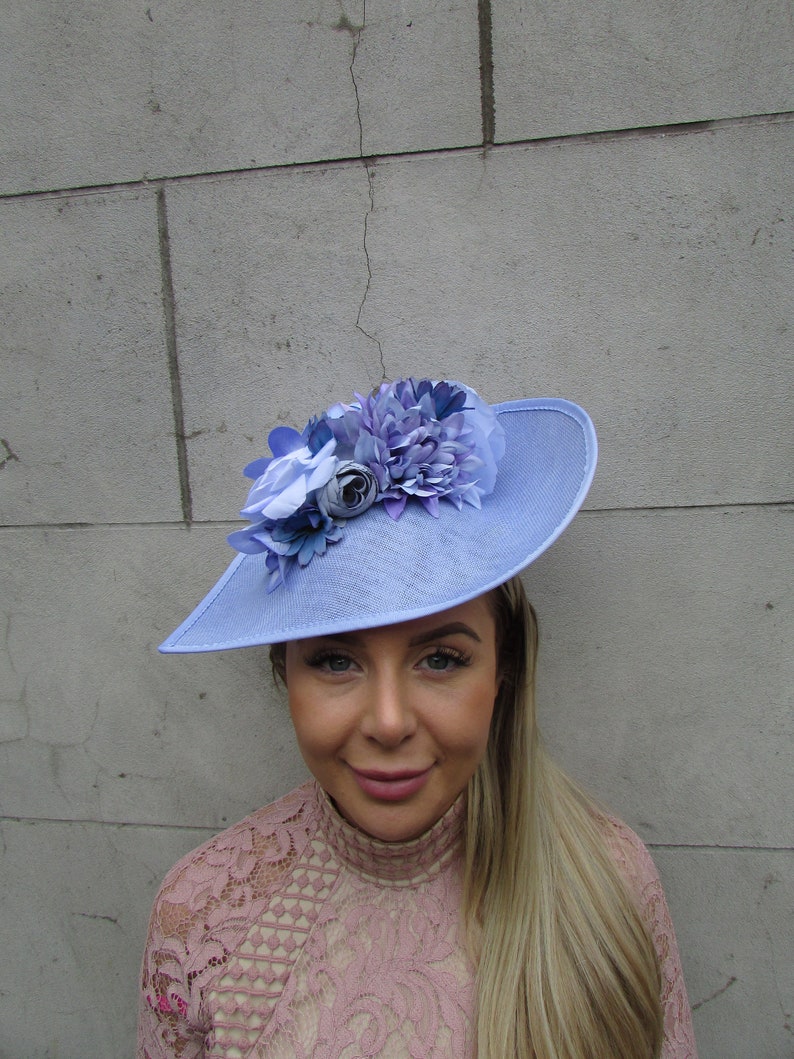 Large Light Cornflower Blue Lilac Periwinkle Bluebell Rose Floral Flower Fascinator Hat Big Teardrop Wedding Races sh-208 image 1