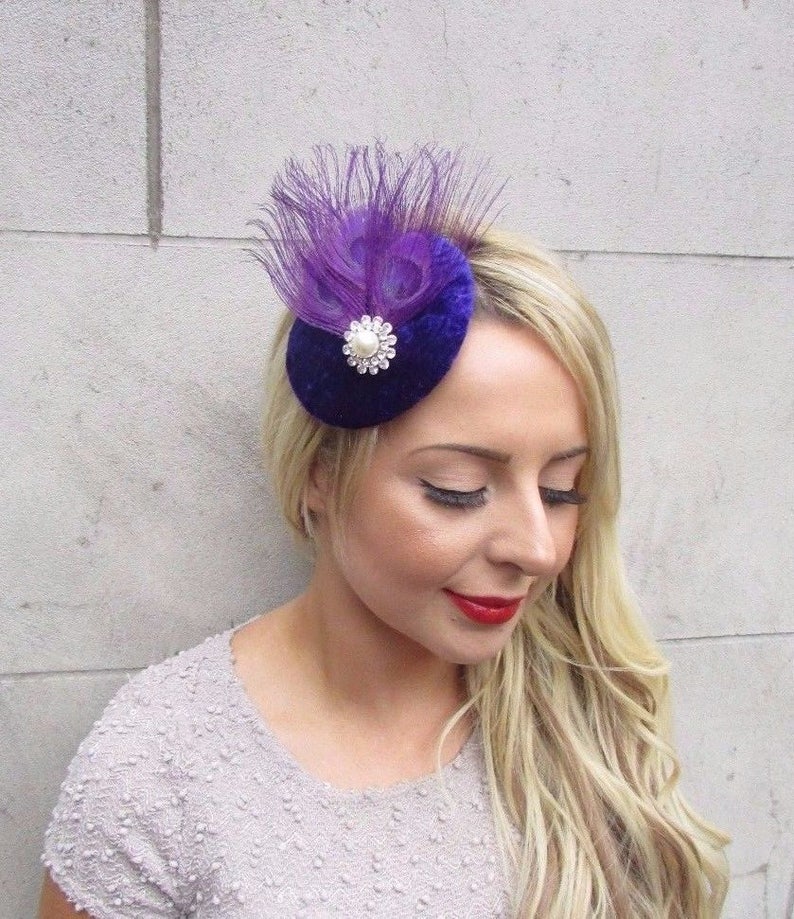 Purple Silver Feather Pillbox Hat Fascinator Hair Clip Races Vtg Wedding 3278