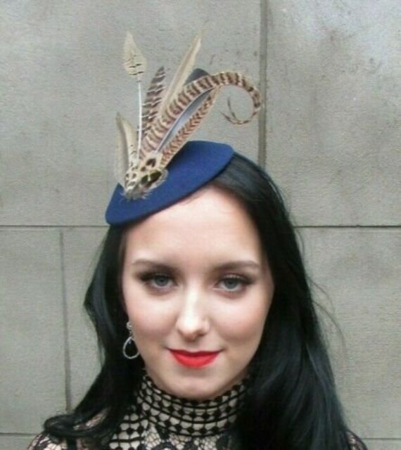 Navy Blue Brown Pheasant Feather Hat 