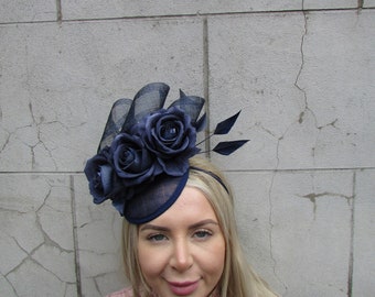 New Navy Blue Flower Fascinator Floral Pillbox Hat Sinamay Wedding Races Hair Fascinator Headpiece Hatinator Rose Flower u12603