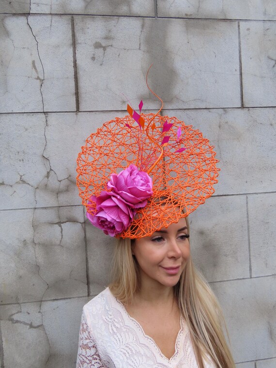 Large Orange Hot Pink Flower & Feather Straw Hat Fascinator  display picture 3