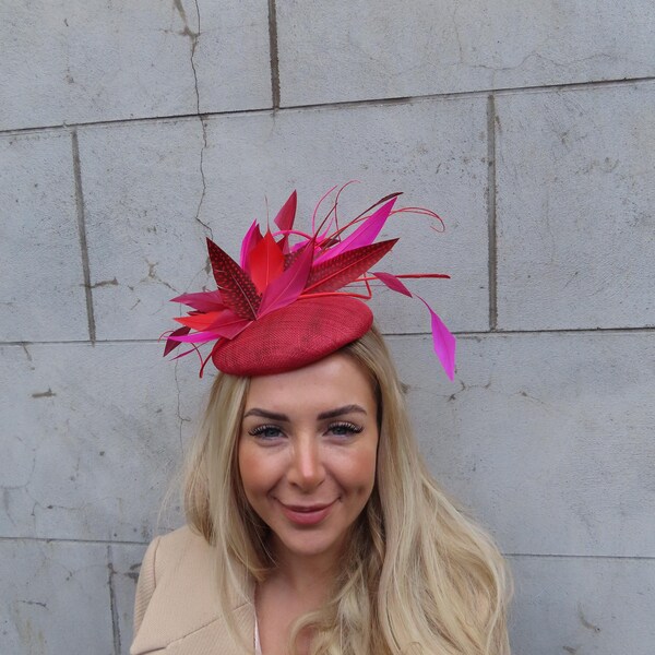 Cherry Burgundy Wine Red Pink Feather Fascinator Sinamay Pillbox Hat Fascinator Headpiece Races Wedding Racing Hatinator Pheasant u12112