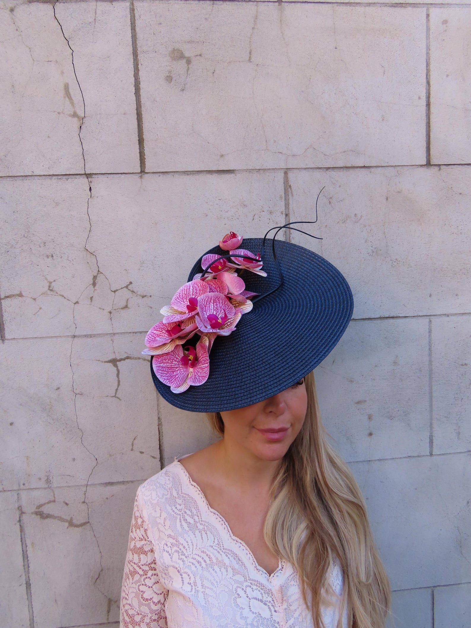 Large Navy Blue & Hot Pink Orchid Flower Hat Fascinator Disc Straw ...