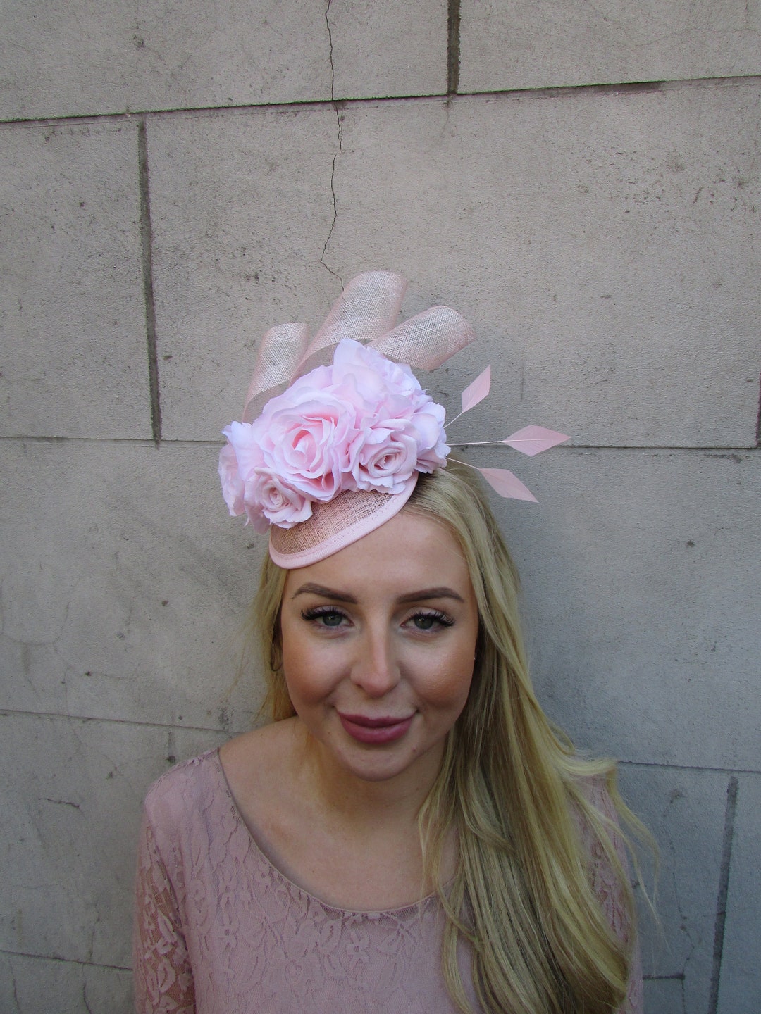 Light Pale Blush Pink Sinamay Rose Flower Feather Hat Fascinator Races ...