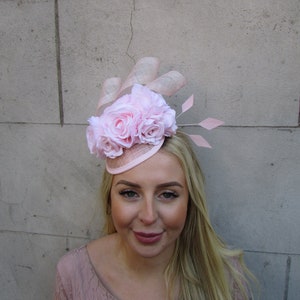 Light Pale Blush Pink Sinamay Rose Flower Feather Hat Fascinator Races Hair Band Wedding Guest Floral sh-539 uu