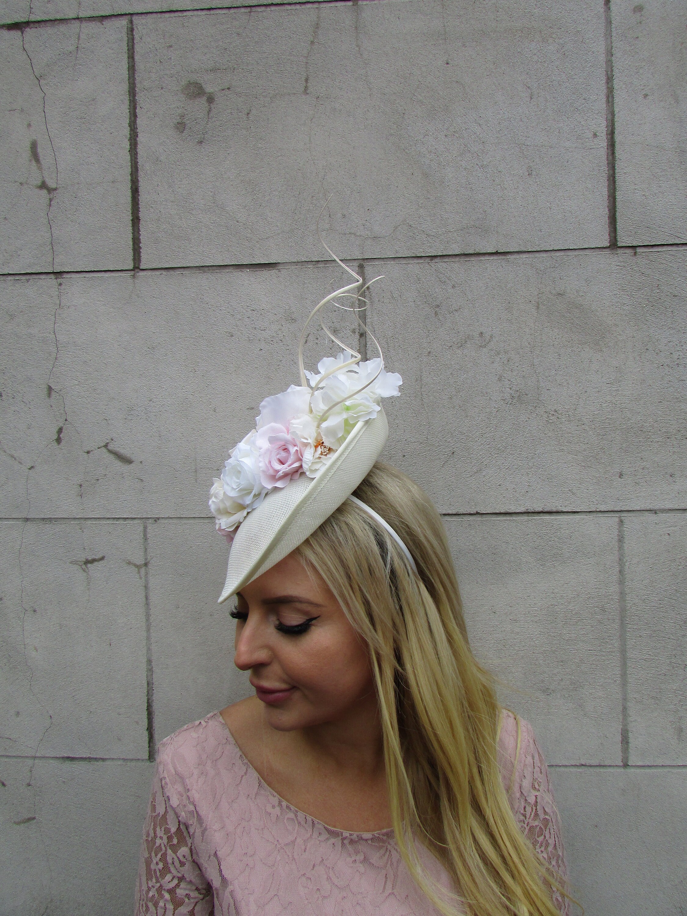 Fun Floral Fascinator Headband Headpiece with Pink and Cream Accents kentucky derby hat fascinator crystal silver headband, ivory  main image 2