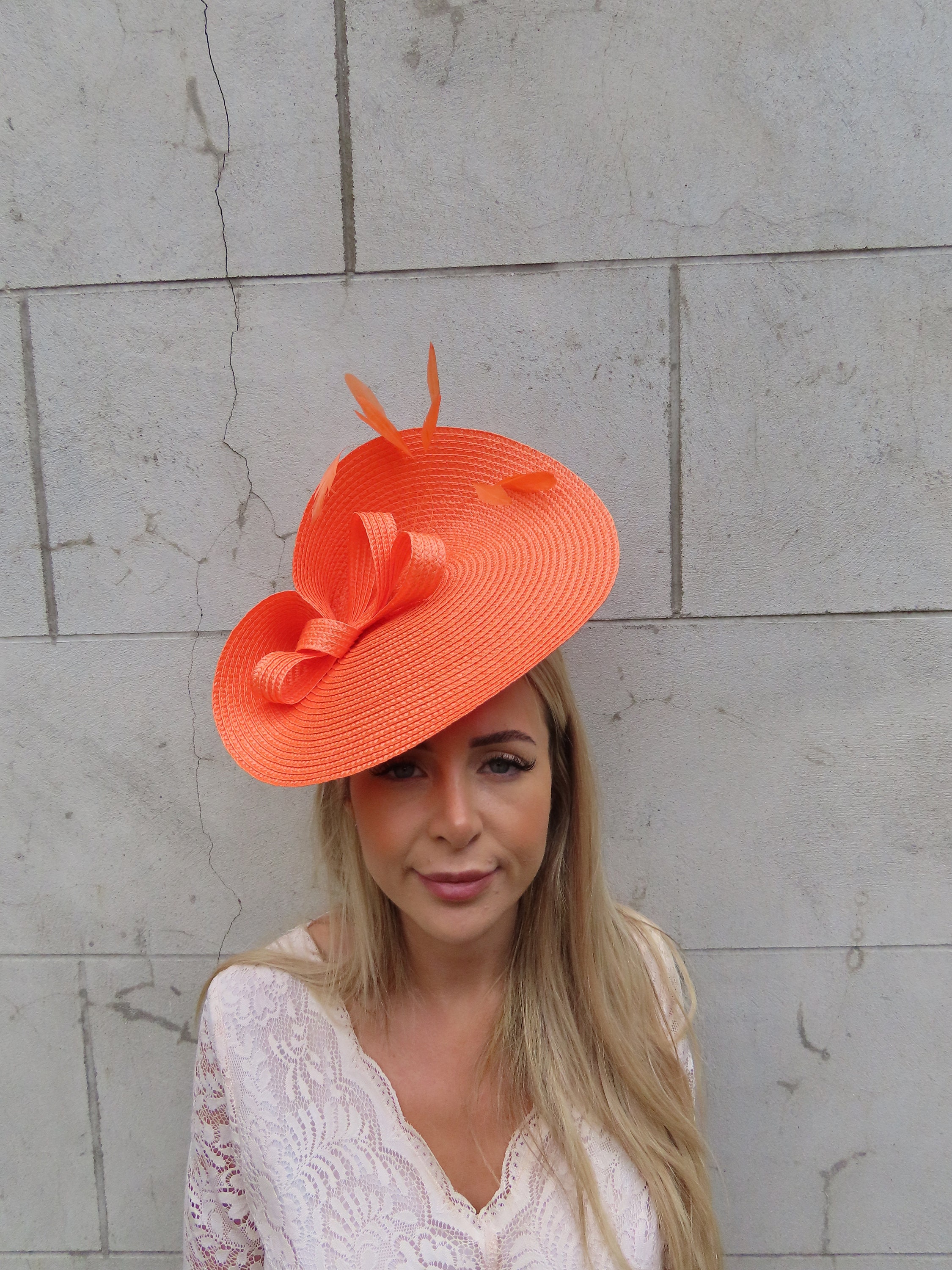 C.C Vibrant Orange Feathered Hat Extra Large Orange Kentucky Derby Hat: Hot Pink Feathered  main image 2