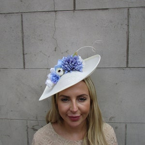Large Cream Light Cornflower Blue Periwinkle Rose Floral Flower Fascinator Hat Big Teardrop Tilted Wedding Races sh-426 image 1