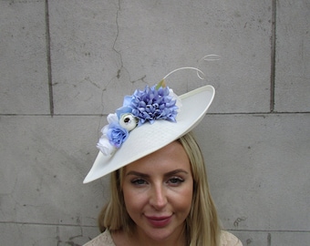 Large Cream Light Cornflower Blue Periwinkle Rose Floral Flower Fascinator Hat Big Teardrop Tilted Wedding Races sh-426