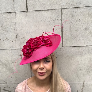 Large Hot Pink Rose Flower Teardrop Fascinator Hat Races Hair Headband Wedding Guest Ladies Day Headpiece Raspberry Fuchsia Pink sh-393