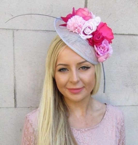 Grey Blush Light Hot Pink Flower Sinamay Disc Saucer Hat Fascinator Races 5895
