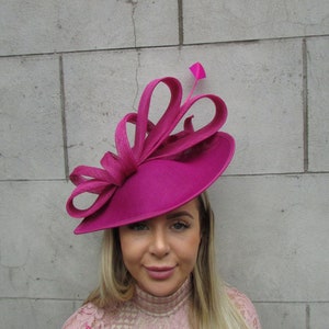 Large Pink Feather Hat Hair Fascinator Big Teardrop Wedding Dark Pink Cerise Races Magenta Hatinator Headpiece c1a