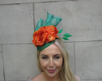 Emerald Green Orange Rose Lily Flower Feather Hat Fascinator Wedding Races Hair Headpiece Sinamay SH-33