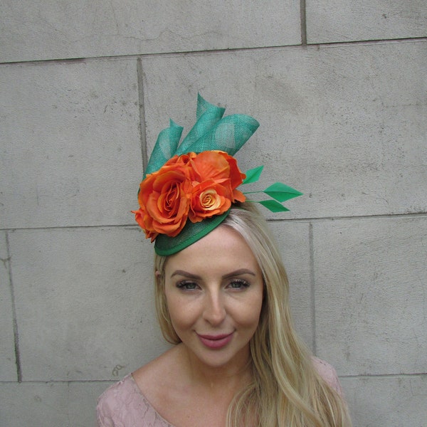 Emerald Green Orange Rose Lily Flower Feather Hat Fascinator Wedding Races Hair Headpiece Sinamay SH-33