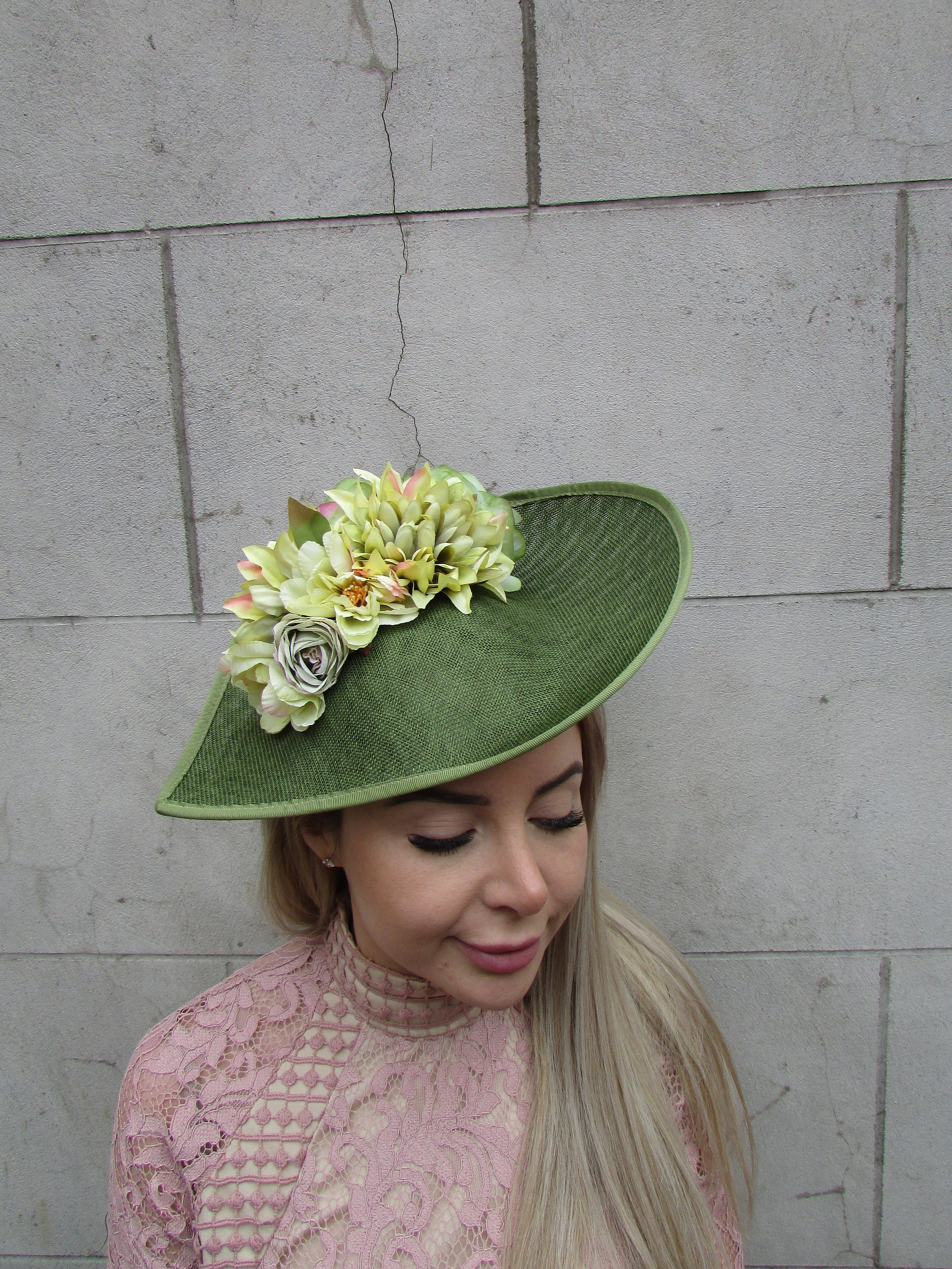 Large Olive Green Sage Chartreuse Lime Flower Fascinator Hat  display picture 1