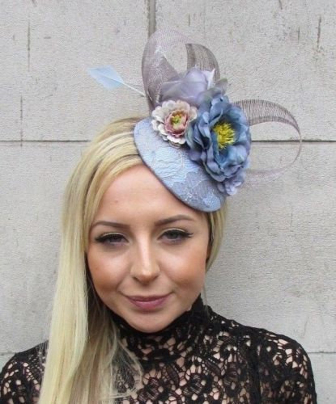 Light Cornflower Blue Grey Flower Feather Hat Fascinator Races