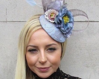 Light Cornflower Blue Grey Flower Feather Hat Fascinator Races Headpiece Floral Pale Blue Wedding Guest Races Ladies Day 5738