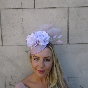 Light Lilac Purple Rose Floral Flower Feather Hat Hair Fascinator Sinamay Wedding Races Headpiece sh-398