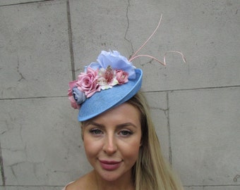 Light Blue Blush Light Pink Feather Floral Disc Saucer Hat Fascinator Hair Baby Blue Wedding Races Hatinator Headpiece Flower sh-151