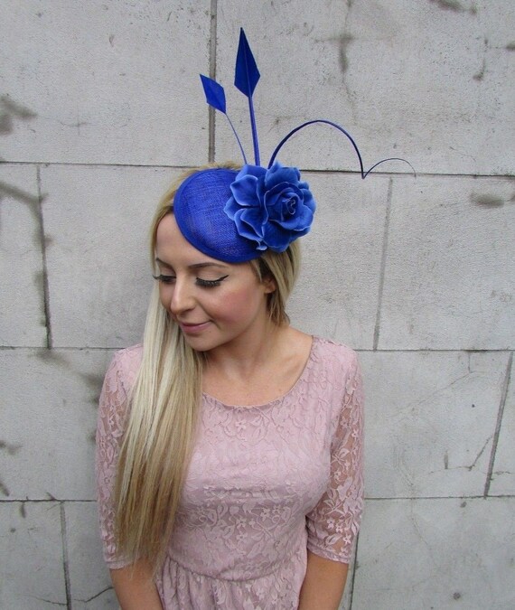 Royal Blue Rose Quill Flower Feather Pillbox Hat Fascinator