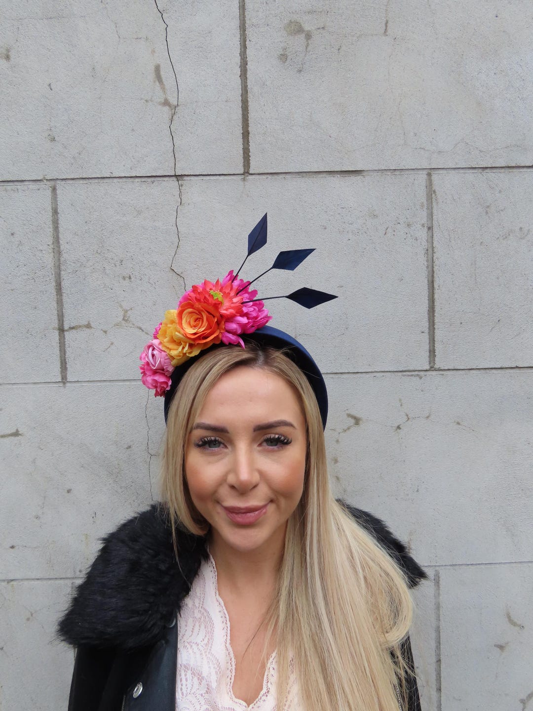 Navy Blue Orange Pink Yellow Flower Velvet Padded Headband