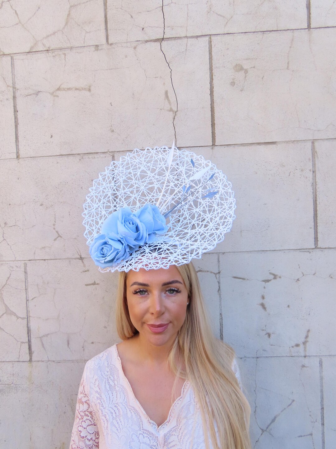 One off Piece Large White & Light Blue Rose Flower Straw Style Hat ...