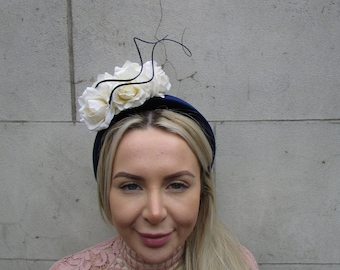 Navy Blue & Cream Rose Flower Velvet Padded Headband Fascinator Headpiece Wedding Guest Races Halo Hairband Floral Hairband f-18