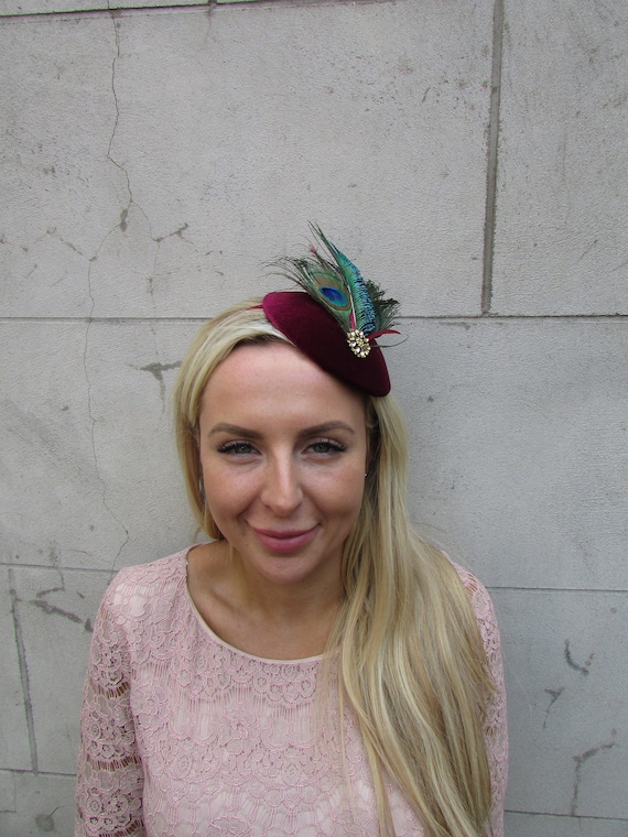 Vintage Burgundy Velvet Feather Cocktail Hat Fascinator Vintage burgundy velvet hat with floral and feather accent main image 3