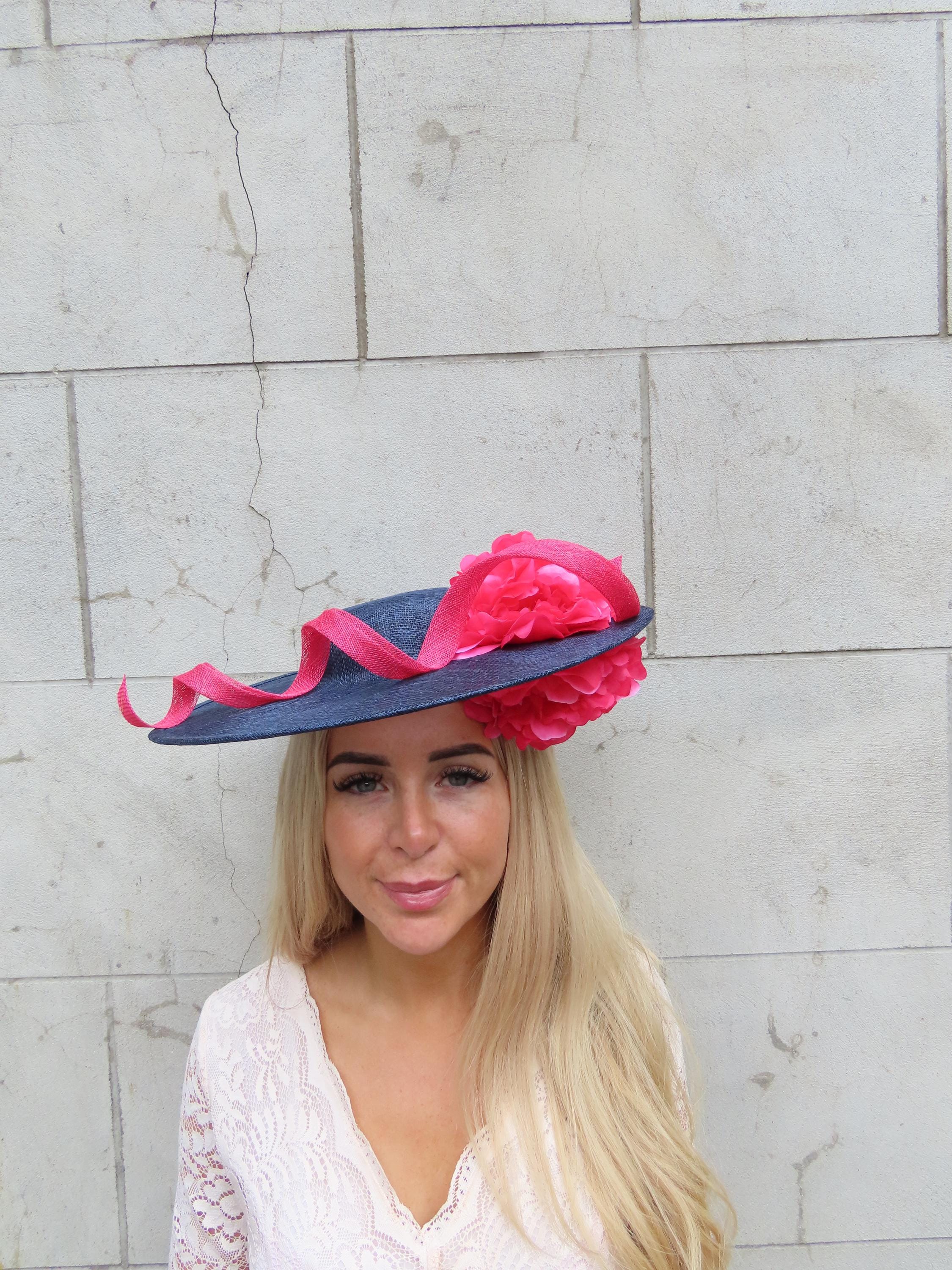 Large Navy Blue & Fuchsia Hot Pink Flower Hat Fascinator Disc Boater ...