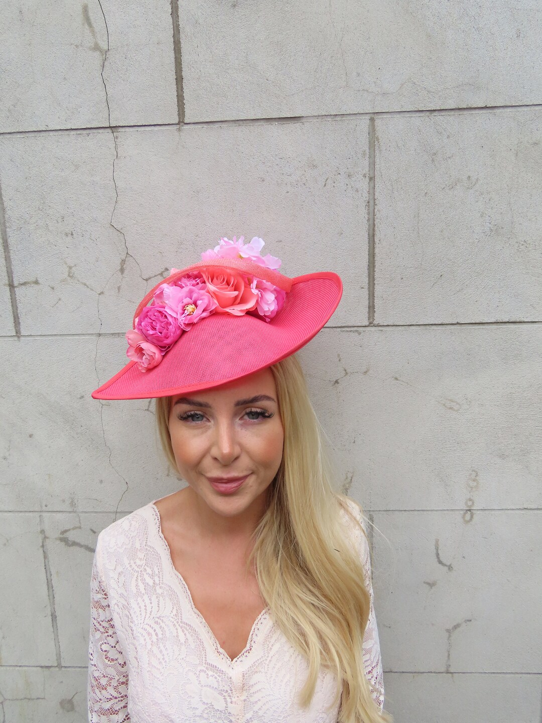 One off Piece Large Coral Pink Flower Teardrop Fascinator Hat Races ...