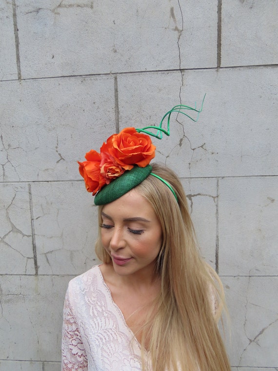 Emerald Green & Orange Sinamay Flower Pillbox Hat Fascinator  display picture 1