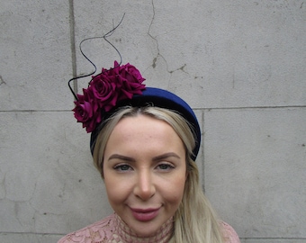 Navy Blue Magenta Fuchsia Pink Rose Flower Velvet Padded Headband Fascinator Headpiece Wedding Races Halo Hairband Cerise Hot pink u12603