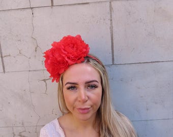 Large Red Peony Flower Fascinator Headband Races Wedding Floral Headpiece u10204