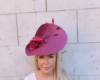 Navy Blue Burgundy Wine Red Gold Rose Flower Feather Hat