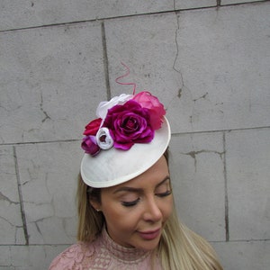 Cream Fuchsia Hot Pink Magenta Flower Fascinator Feather Hat Disc Floral Races Wedding Hatinator sh-294 image 2