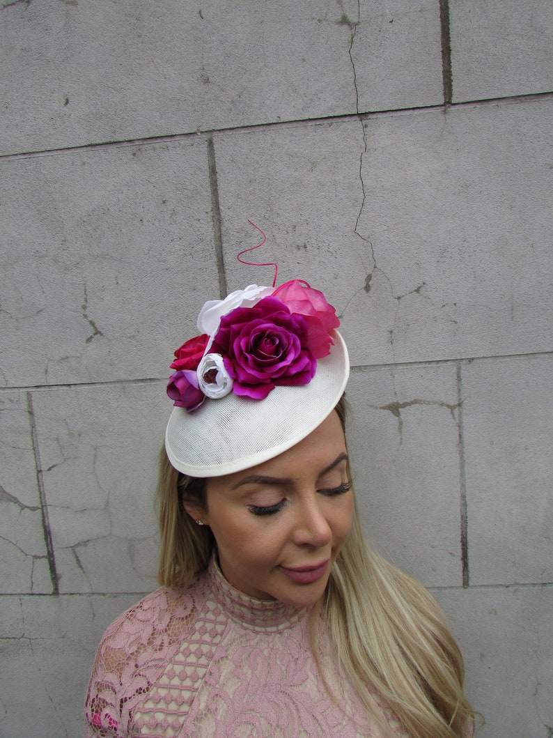 Cream Fuchsia Hot Pink Magenta Flower Fascinator Feather Hat Disc Floral Races Wedding Hatinator sh-294 image 2