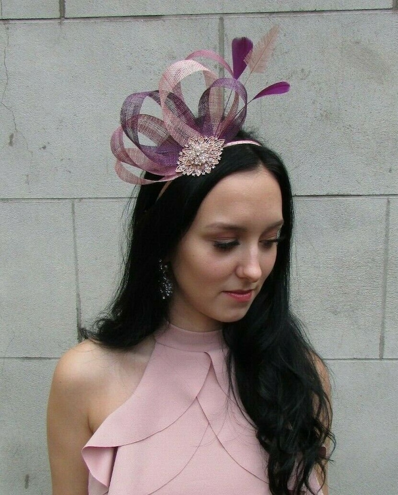 Dusky Blush Pink Heather Mauve Plum Purple Sinamay Feather Hair Fascinator 7511