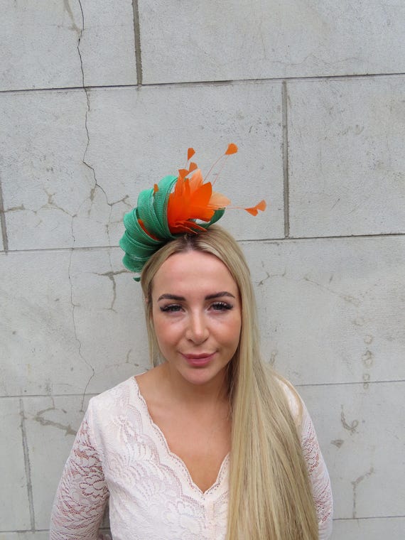 Emerald Green & Orange Feather Fascinator Headband Headpiece  display picture 1