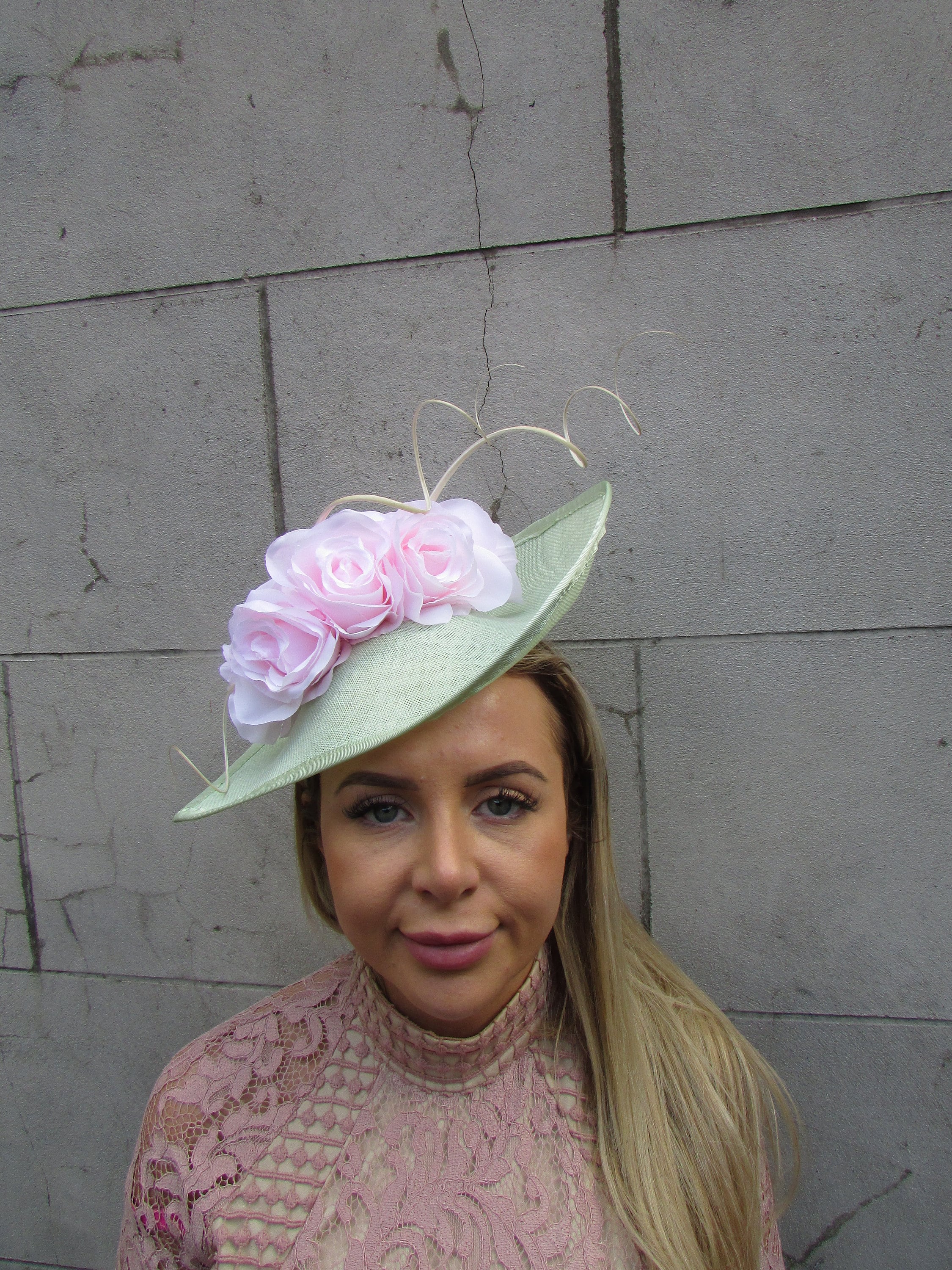 Large Mint Green Blush Light Pink Cream Flower Fascinator Hat Big