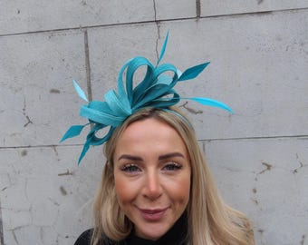 Aqua Turquoise Blue Teal Feather Fascinator Headband Headpiece Races Wedding Guest Sinamay