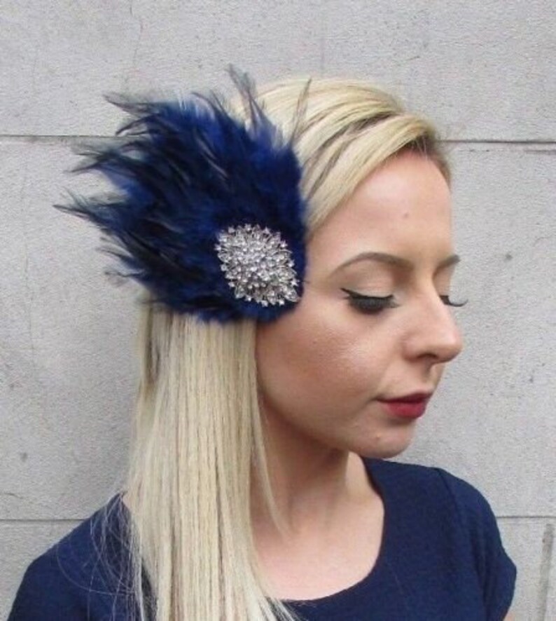 Navy Blue Silver Diamante Feather 