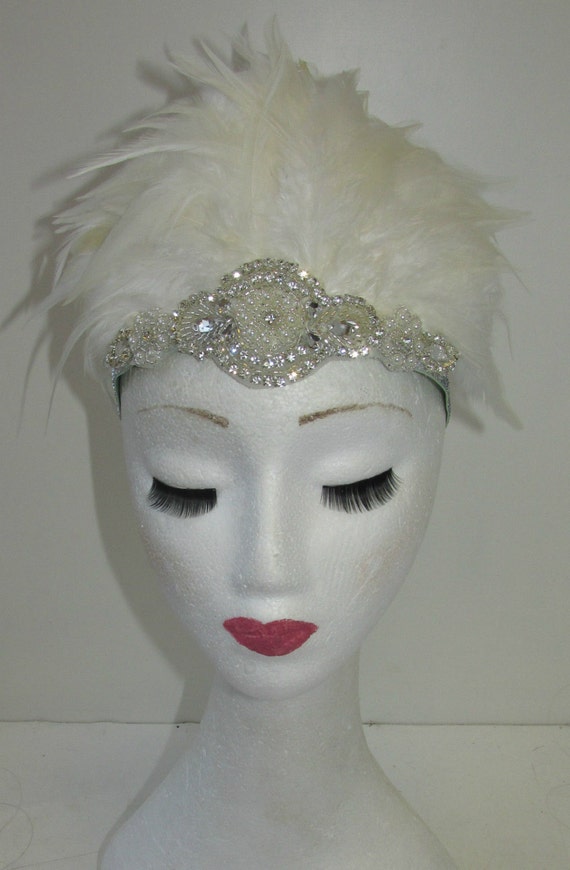 Silver Black Ostrich Feather Headdress Headpiece 1920s Flapper Vtg Showgirl T86